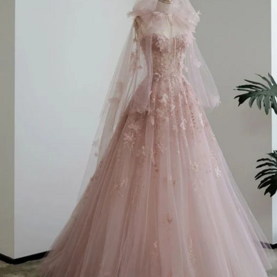 Spaghetti straps pink tulle prom dresses for teens