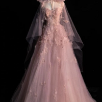 Spaghetti Straps Pink Tulle Prom Dresses for Teens - Thumbnail 1