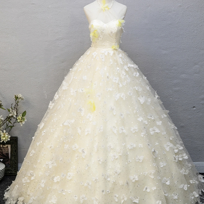 Yellow tulle sequins long prom dress, beautiful a-line party dress - Thumbnail 1