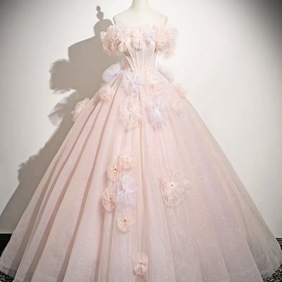 Pink tulle long prom dress, lovely a-line evening sweet 16 dress - Thumbnail 1