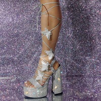Rhinestone Butterfly Strap Platform Thick Heel High Heel Sandals - Thumbnail 1