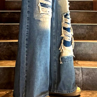 Vintage Punk Rock Ripped Washed Wide Leg Distressed Flared Jeans Streetwear Glamour Rave Men Women Amazing - Thumbnail 7