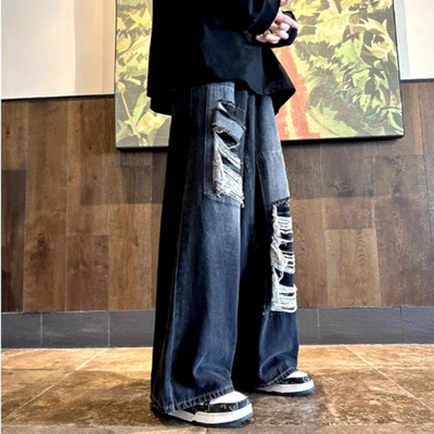 Vintage punk rock ripped washed wide leg distressed flared jeans streetwear glamour rave men women amazing