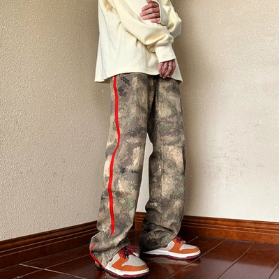 Stunning punk zippers red stripe wide-leg abstract washed pants men women streetwear rave amazing