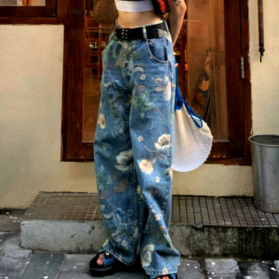 Stunning punk floral print oversize wide-leg washed jeans streetwear rave amazing