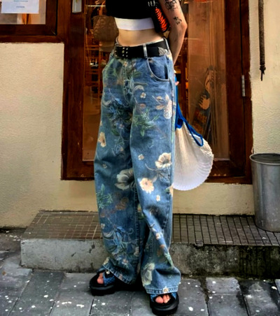 Stunning Punk Floral Print Oversize Wide-leg Washed Jeans Streetwear Rave Amazing