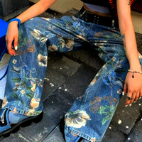 Stunning Punk Floral Print Oversize Wide-leg Washed Jeans Streetwear Rave Amazing - Thumbnail 3