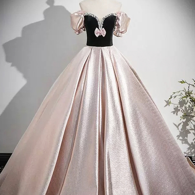 Black velvet and pink satin long prom dress with bow - Thumbnail 1