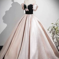 Black Velvet and Pink Satin Long Prom Dress with Bow - Thumbnail 1