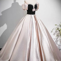 Black Velvet and Pink Satin Long Prom Dress with Bow - Thumbnail 2