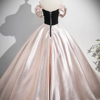 Black Velvet and Pink Satin Long Prom Dress with Bow - Thumbnail 3