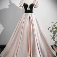 Black Velvet and Pink Satin Long Prom Dress with Bow - Thumbnail 4