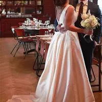 Simple A-Line Boho Beach Wedding Dresses V-neck with Bow Sleeveless Bridal Gown Plus Size Vintage Princess Party Dress - Thumbnail 1