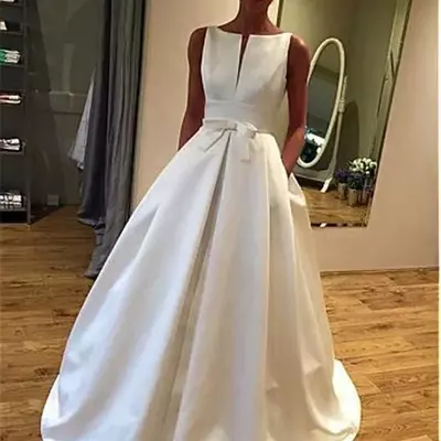 Simple a-line boho beach wedding dresses v-neck with bow sleeveless bridal gown plus size vintage princess party dress
