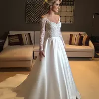 Vintage Off The Shoulder Wedding Dresses Illusion Long Sleeves A-line vestido de noiva Bridal Gowns For Winter Wedding - Thumbnail 3