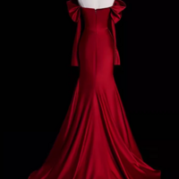 Off The Shoulder Burgundy Mermaid Satin Prom Dresses - Thumbnail 2