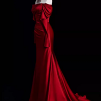 Off The Shoulder Burgundy Mermaid Satin Prom Dresses - Thumbnail 1