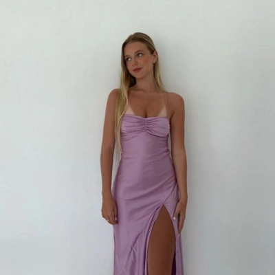 A line straps lilac slit long prom dresses - Thumbnail 2