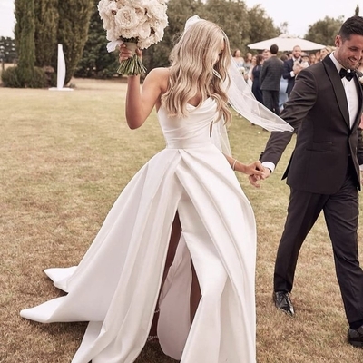 White volumes satin wedding dresses with high slit - Thumbnail 1