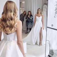 White Volumes Satin Wedding Dresses with High Slit - Thumbnail 1