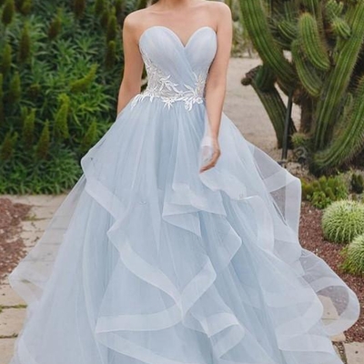 Exquisite strapless blue wedding dresses with sweep train lace applique beach wedding dress - Thumbnail 4