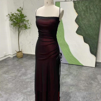 Vintage black red formal evening party dress with split side - Thumbnail 2