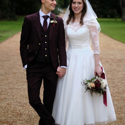 White tea length wedding dresses lace appliques with 3/4 sleeves - Thumbnail 2