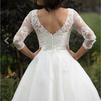 White Tea Length Wedding Dresses Lace Appliques with 3/4 Sleeves - Thumbnail 1