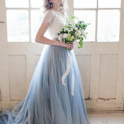 Two pieces white lace blue gray tulle boho wedding dress - Thumbnail 2