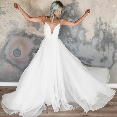 V-neck spaghetti silky organza boho wedding dress - Thumbnail 5