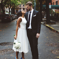 White Satin and Chiffon Tea-Length Wedding Dress - Thumbnail 1