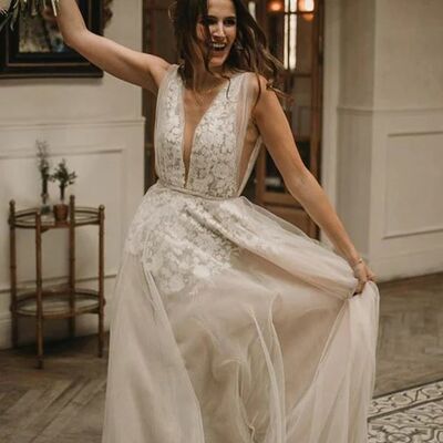 A-line v-neck floor length boho wedding dress