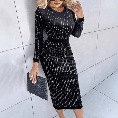 Vintage striped sequin long sleeve black dress