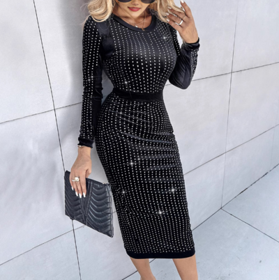 Vintage Striped Sequin Long Sleeve Black Dress