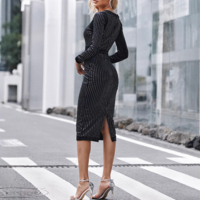 Vintage Striped Sequin Long Sleeve Black Dress - Thumbnail 3