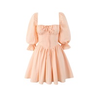 Collar stitching lace puff sleeve dress chest pleated tie waist puffy princess skirt - Thumbnail 2