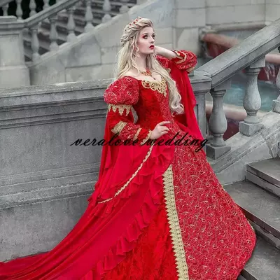 Vintage medieval fantasy ball gown wedding dresses victorian halloween bridal party gowns robes soiree red plus size