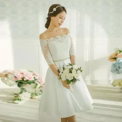 Off the shoulder short wedding dress bride dresses bridal gowns lace beading lace up  - Thumbnail 1