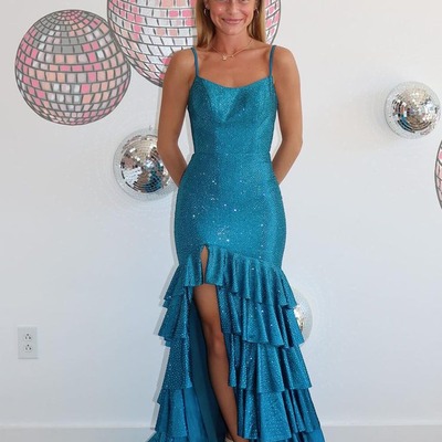 Charming scoop neck teal satin beading mermaid prom dresses ,pd230766 - Thumbnail 3