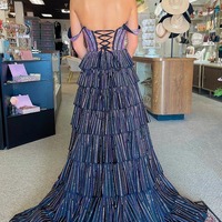 Cute Off the Shoulder A Line Black Satin Pink Beading Tiered Prom Dresses,PD230767 - Thumbnail 1