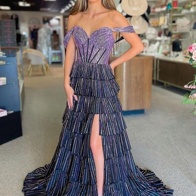 Cute off the shoulder a line black satin pink beading tiered prom dresses,pd230767