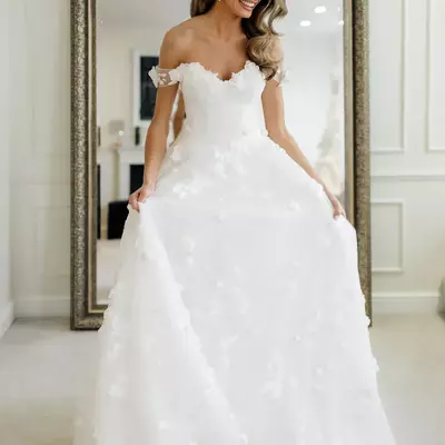 New sweetheart wedding dresses off the shoulder 3d flower appliques bridal dress a-line backless - Thumbnail 2