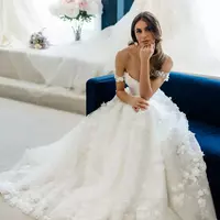 New Sweetheart Wedding Dresses Off the Shoulder 3D Flower Appliques Bridal Dress A-line Backless - Thumbnail 1