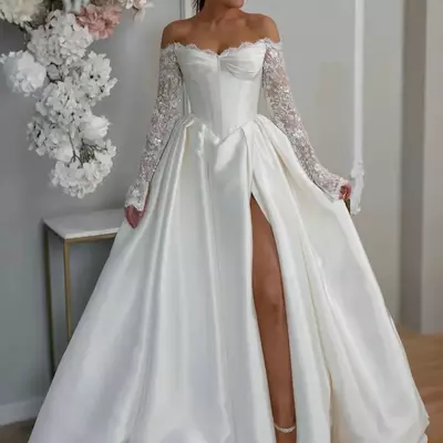 Vintage lace long sleeve high split a-line wedding dresses off the shoulder beading pearls boho country bridal gowns - Thumbnail 2