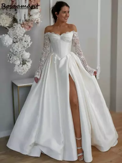 Vintage Lace Long Sleeve High Split A-Line Wedding Dresses Off The Shoulder Beading Pearls Boho Country Bridal Gowns