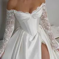 Vintage Lace Long Sleeve High Split A-Line Wedding Dresses Off The Shoulder Beading Pearls Boho Country Bridal Gowns - Thumbnail 1