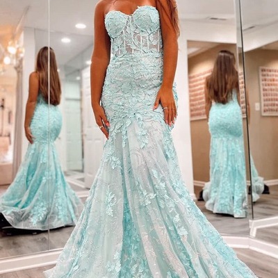 Cute sweetheart mint tulle lace long mermaid prom dresses with appliques,pd230769 - Thumbnail 2