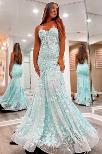 Cute Sweetheart Mint Tulle Lace Long Mermaid Prom Dresses with Appliques,PD230769