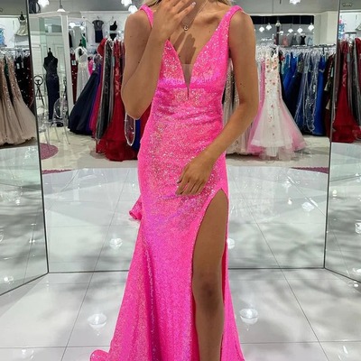 Charming v neck mermaid pink sequins slit long prom dress,pd230770 - Thumbnail 3