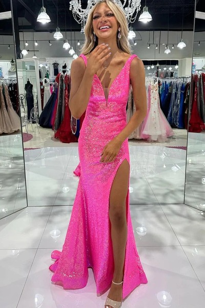Charming V Neck Mermaid Pink Sequins Slit Long Prom Dress,PD230770